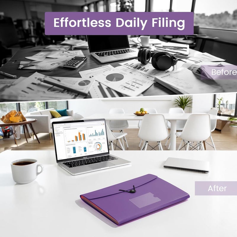 RIEJIN 13 Pocket Accordion File Organizer with Elastic Closure, Expanding File Folder for Letter Size A4 Papers, Ideal for Home, Office Supplies, College Essentials - Purple - Image 4